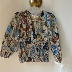 Blue and Cream Ruched Floral Blouse